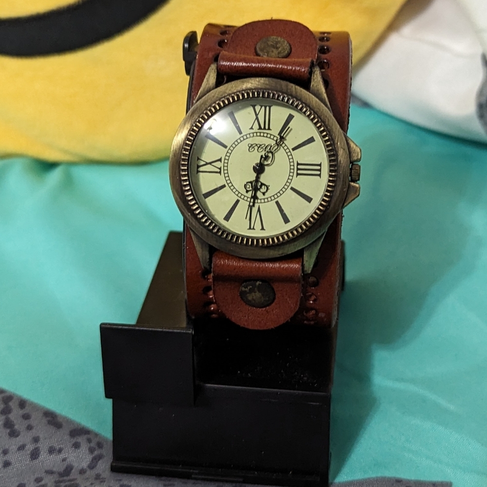 Brown Leather Cuff Watch with Roman Numerals